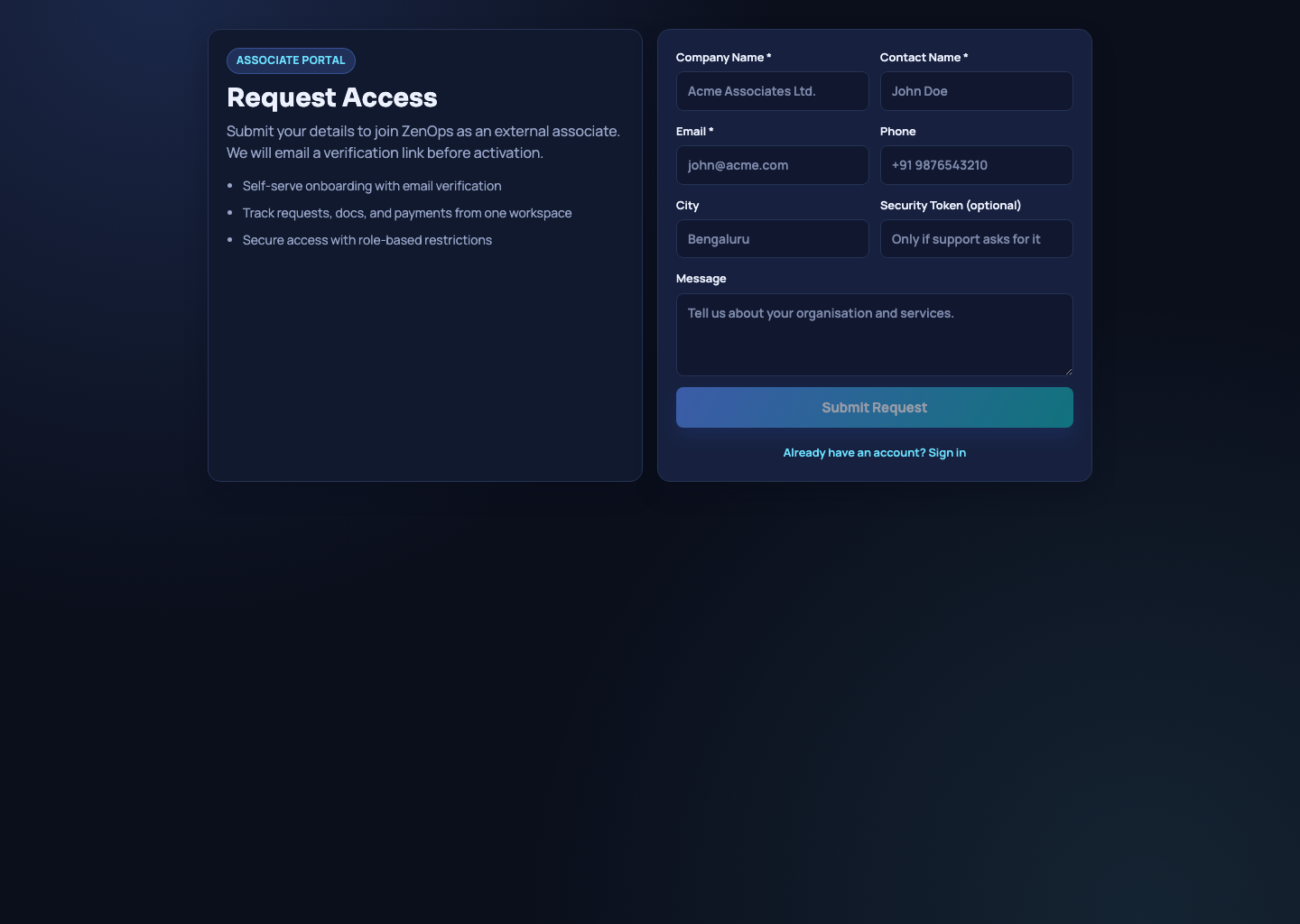 Maulya associate access onboarding page.
