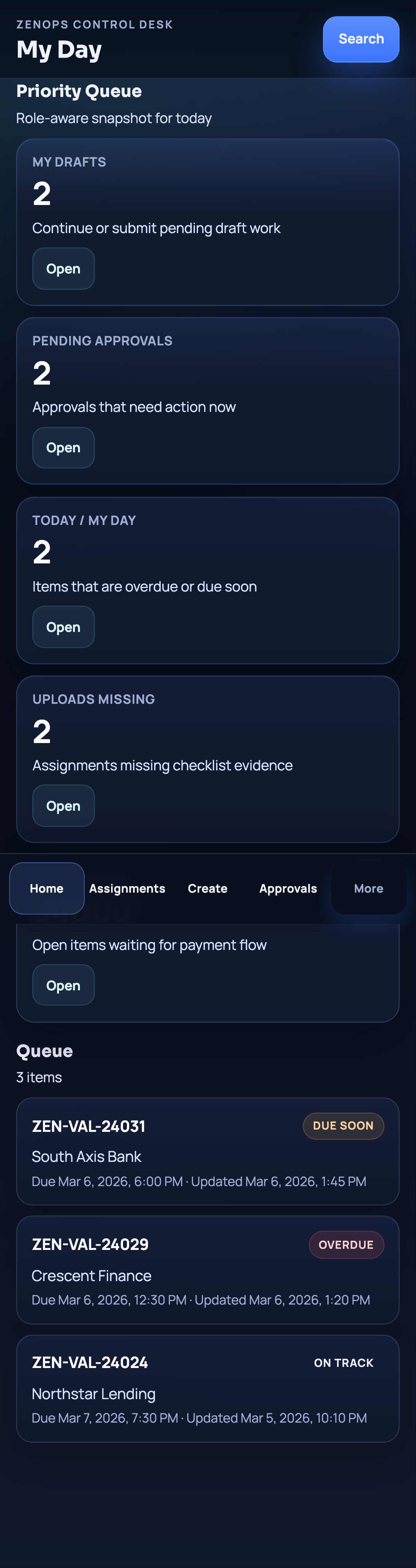 Maulya mobile dashboard showing drafts, approvals, overdue work, and missing uploads.